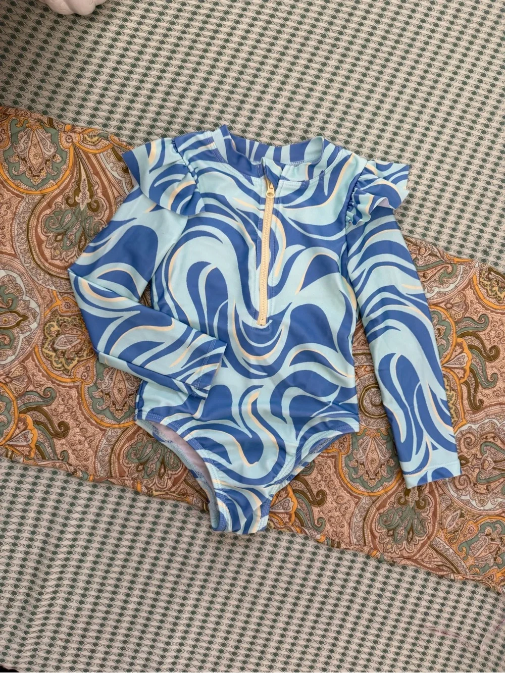 wonder nation Blue & Light Blue Swirl Long-Sleeve One-Piece Swimsuit 2T